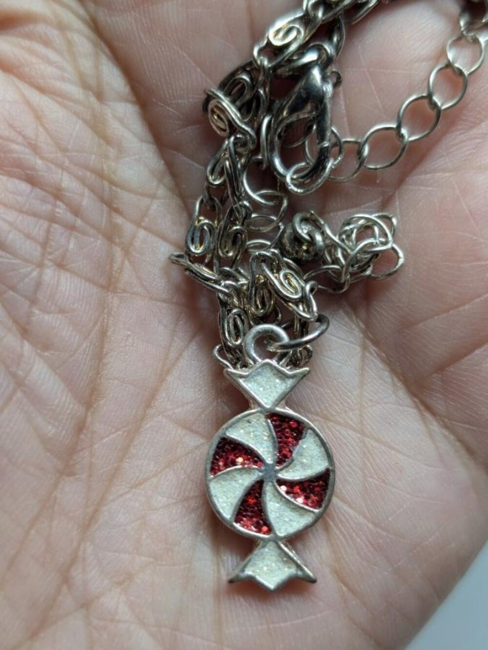 Vintage Halloween Enamel White & red Glitter Candy Pendant Necklace